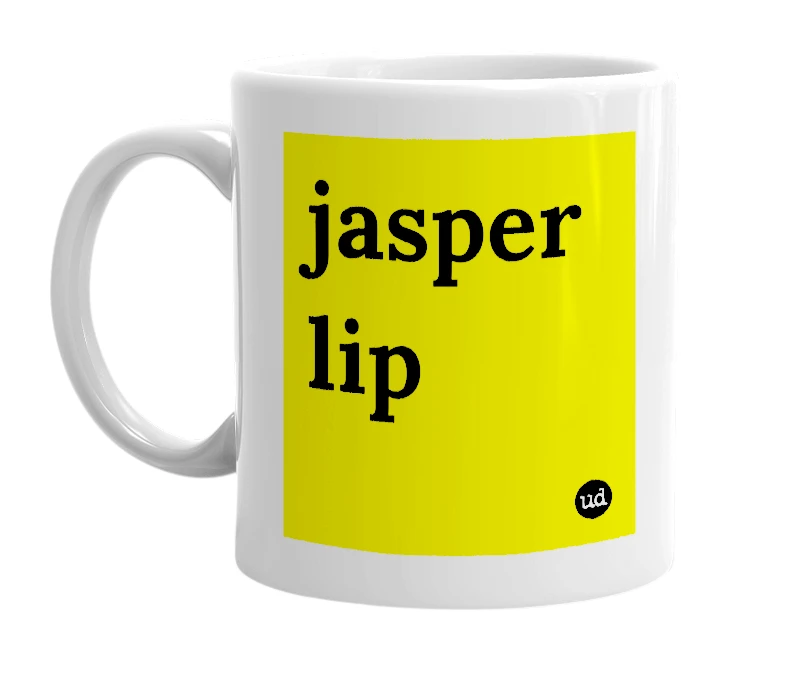 White mug with 'jasper lip' in bold black letters
