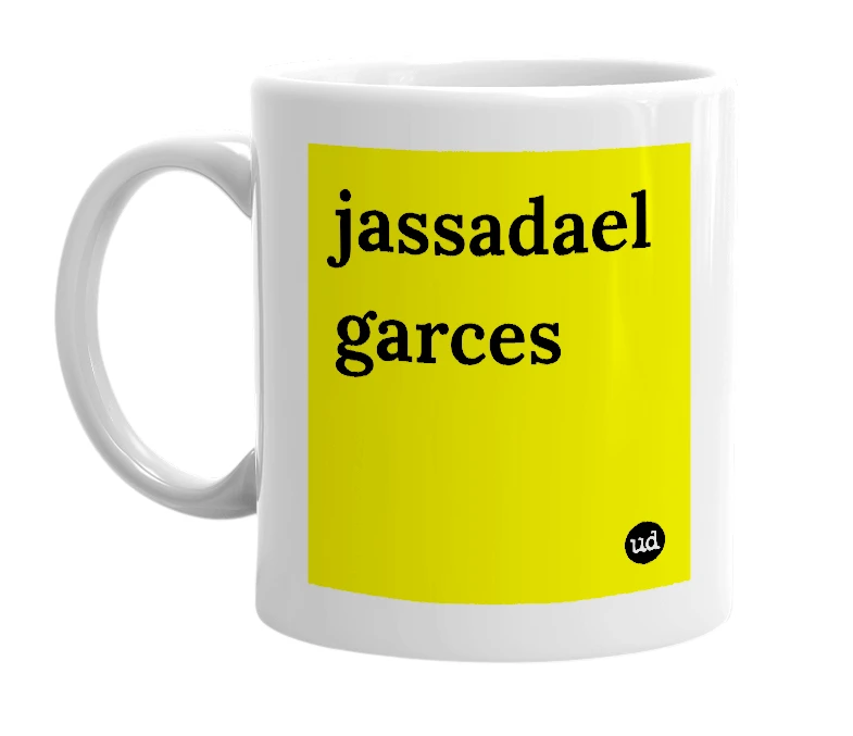 White mug with 'jassadael garces' in bold black letters