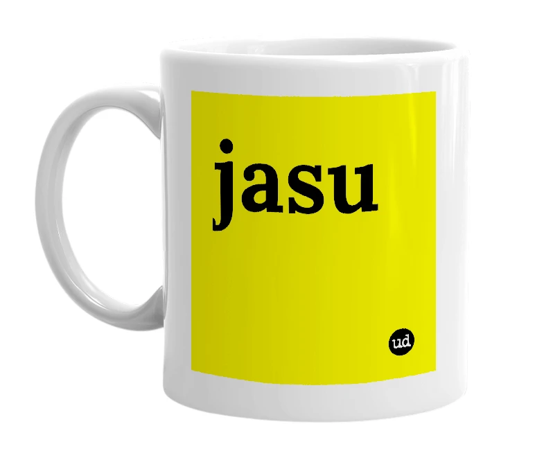 White mug with 'jasu' in bold black letters