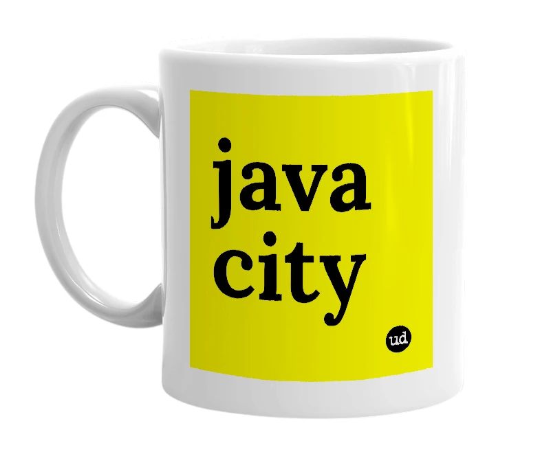 White mug with 'java city' in bold black letters