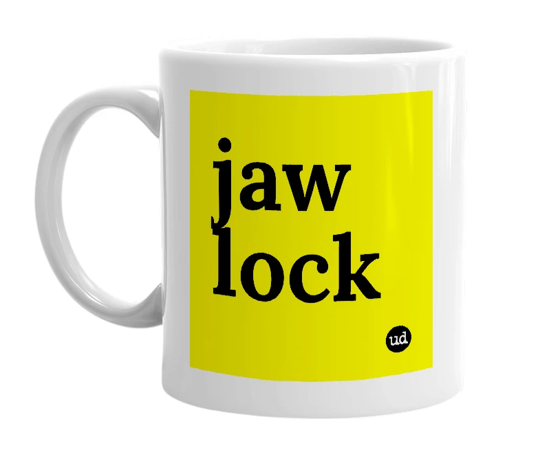 White mug with 'jaw lock' in bold black letters