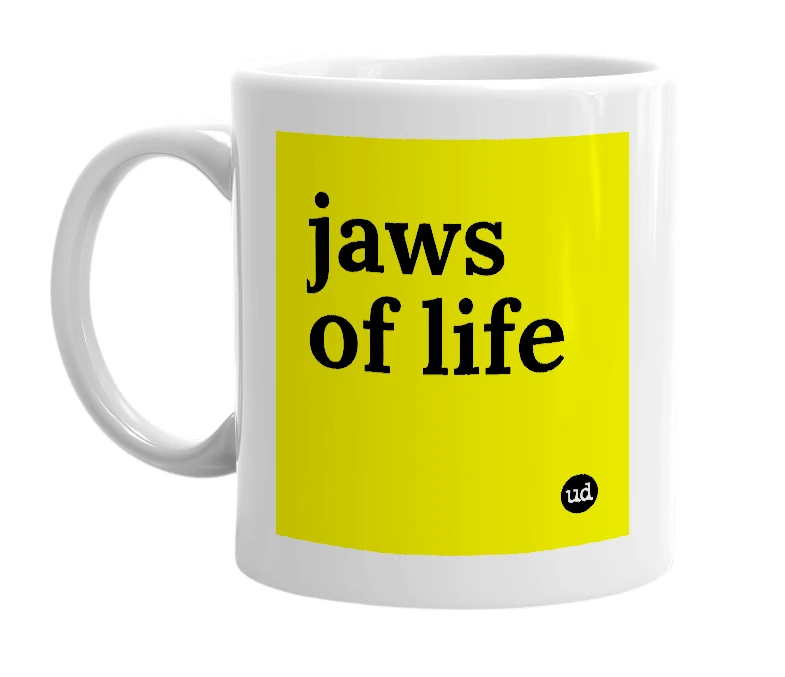 White mug with 'jaws of life' in bold black letters