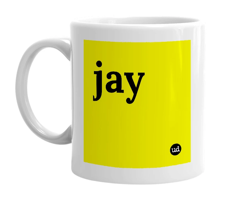 White mug with 'jay' in bold black letters