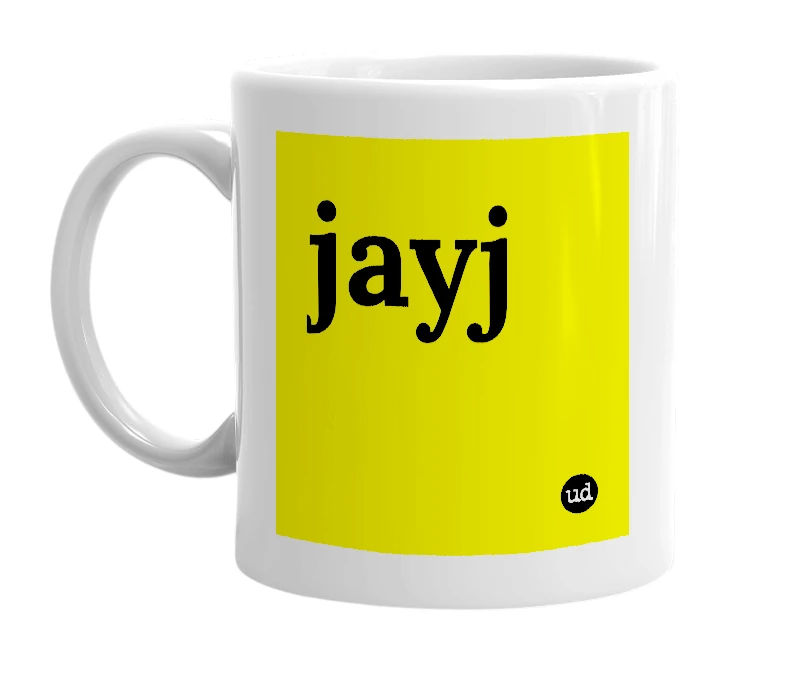White mug with 'jayj' in bold black letters