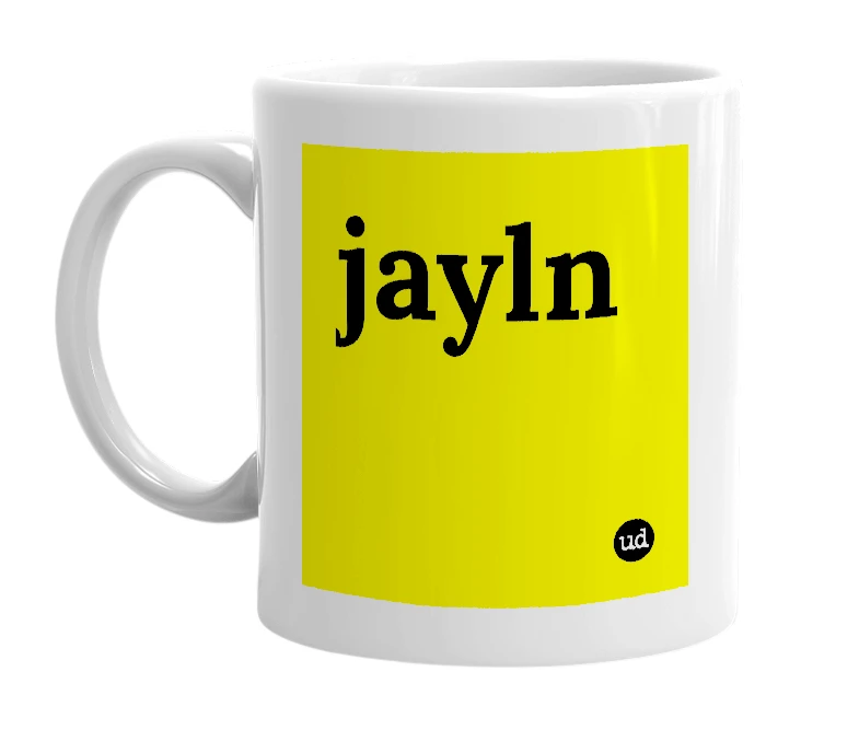 White mug with 'jayln' in bold black letters