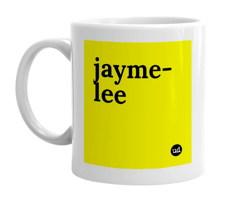 White mug with 'jayme-lee' in bold black letters
