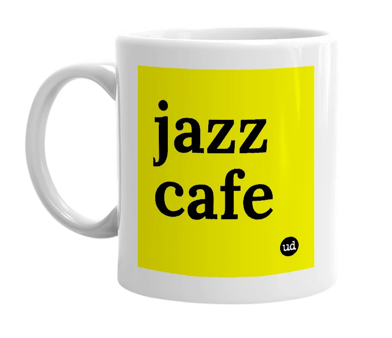 White mug with 'jazz cafe' in bold black letters