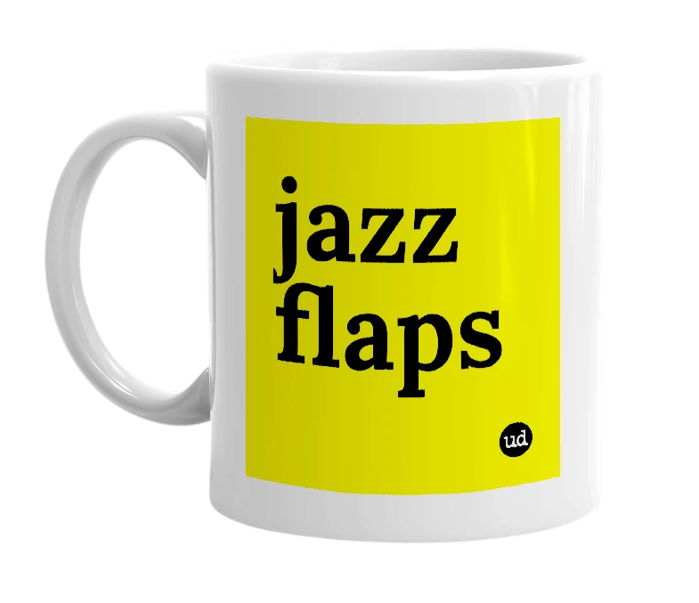 White mug with 'jazz flaps' in bold black letters