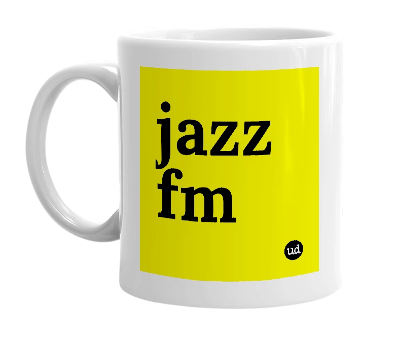 White mug with 'jazz fm' in bold black letters