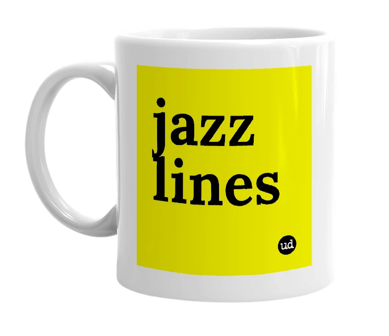 White mug with 'jazz lines' in bold black letters