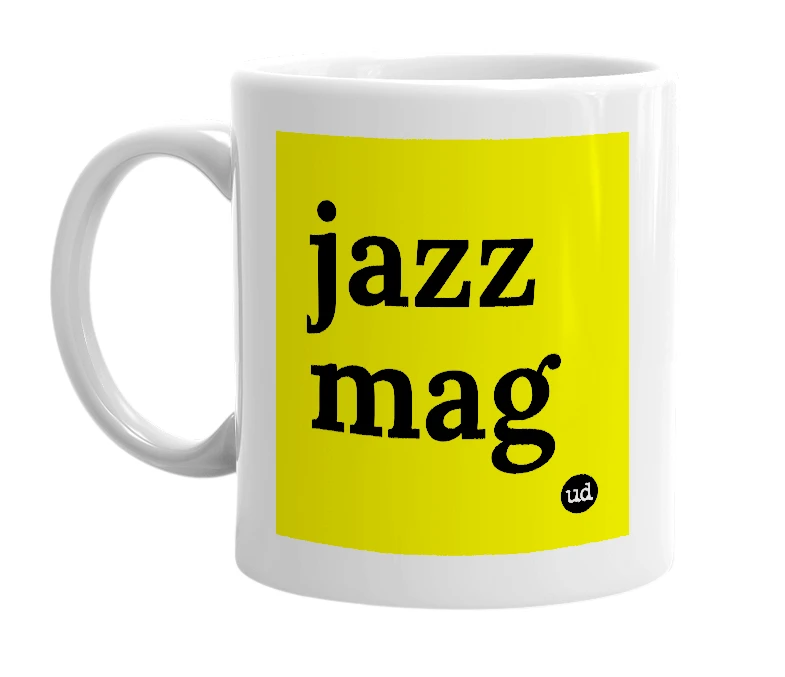 White mug with 'jazz mag' in bold black letters