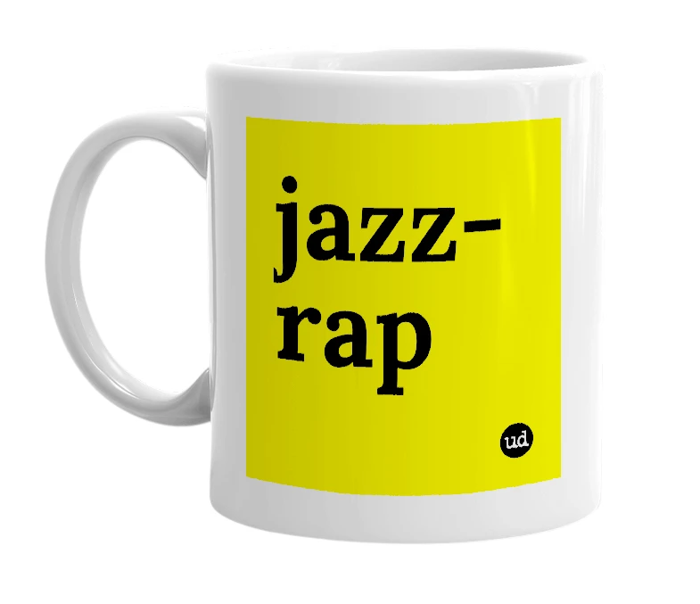 White mug with 'jazz-rap' in bold black letters