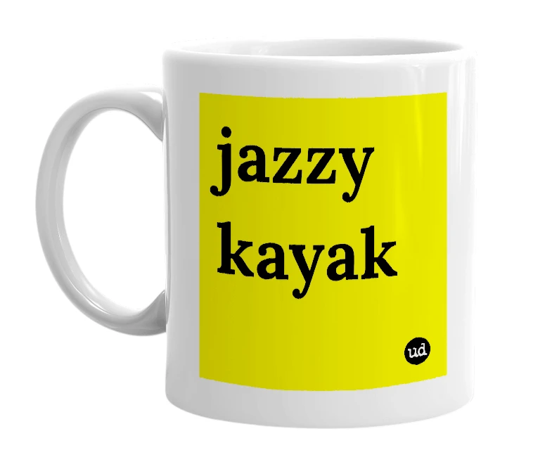 White mug with 'jazzy kayak' in bold black letters
