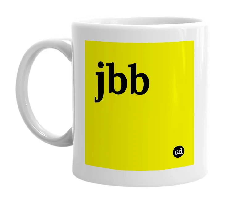 White mug with 'jbb' in bold black letters