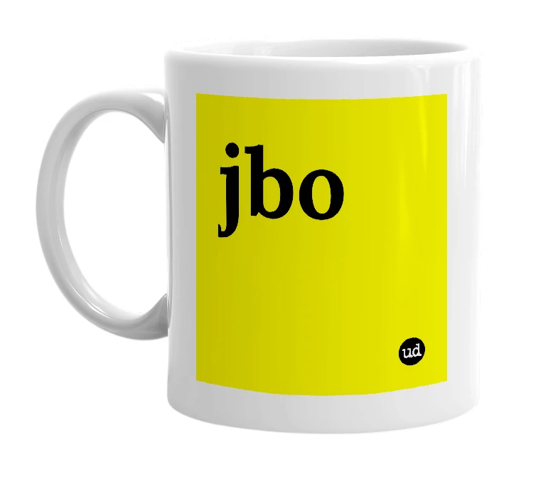 White mug with 'jbo' in bold black letters