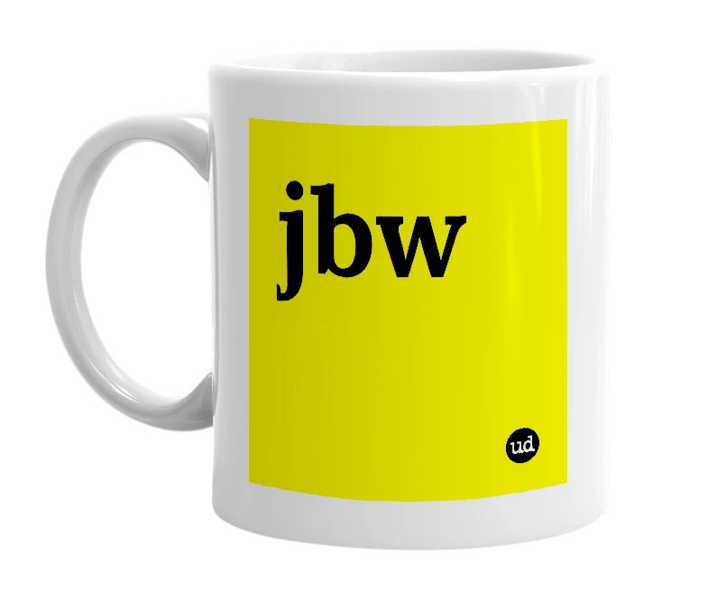 White mug with 'jbw' in bold black letters
