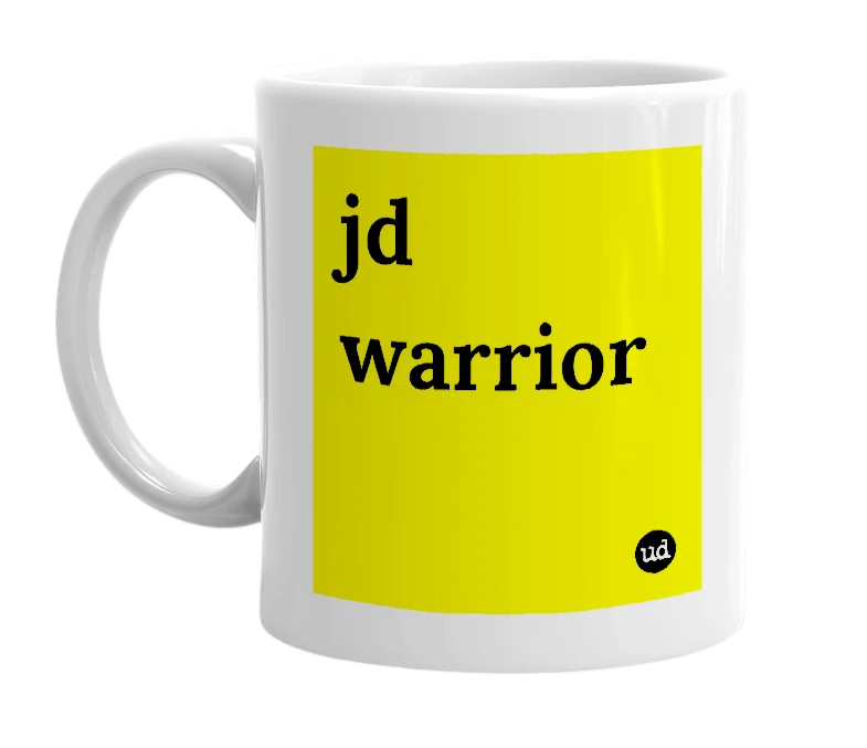 White mug with 'jd warrior' in bold black letters
