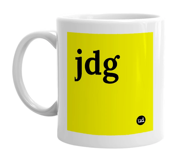 White mug with 'jdg' in bold black letters