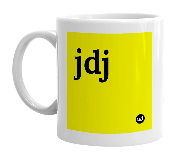 White mug with 'jdj' in bold black letters