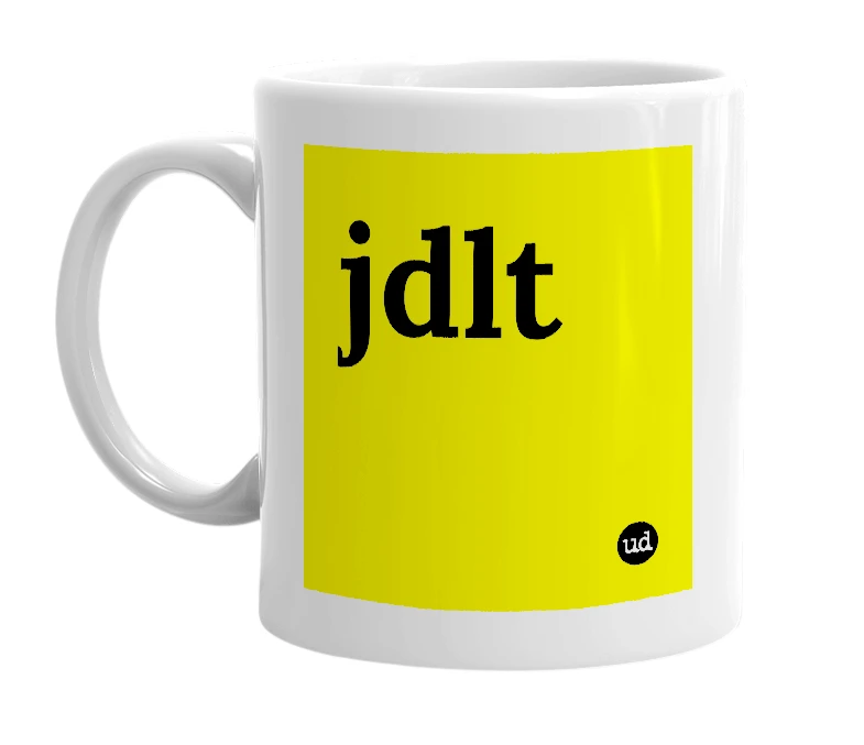 White mug with 'jdlt' in bold black letters