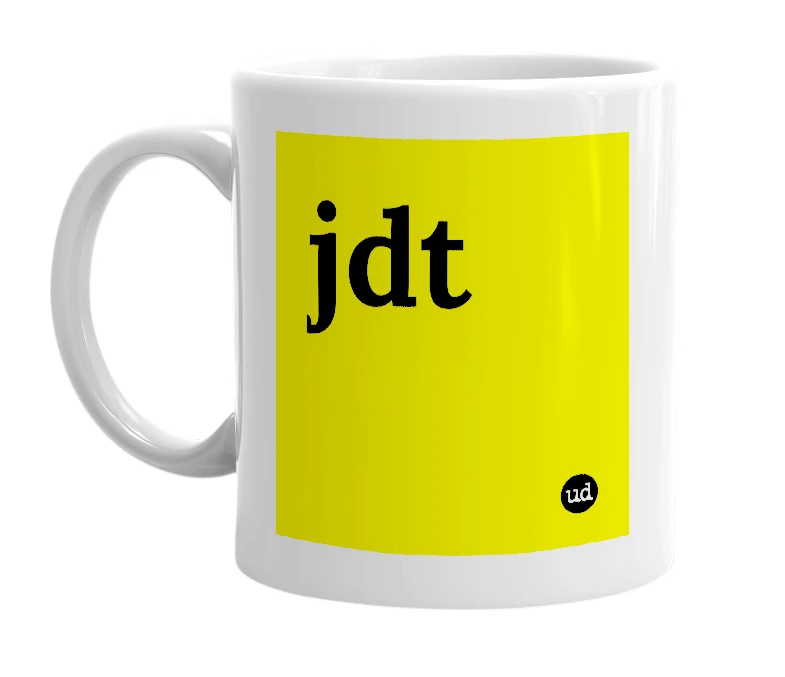 White mug with 'jdt' in bold black letters