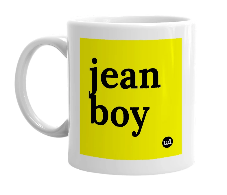 White mug with 'jean boy' in bold black letters