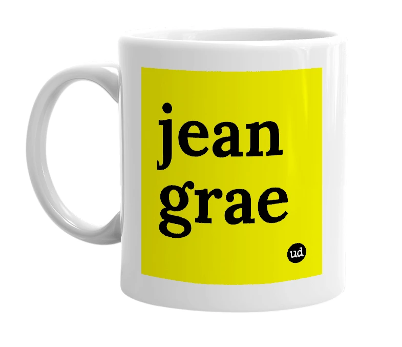 White mug with 'jean grae' in bold black letters