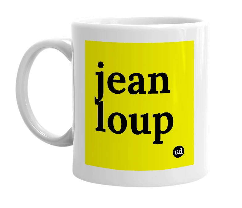 White mug with 'jean loup' in bold black letters