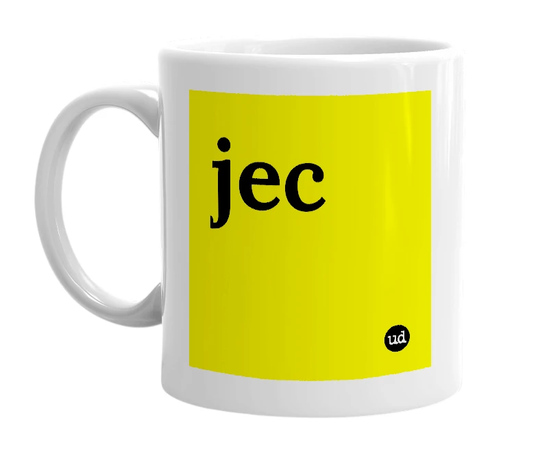 White mug with 'jec' in bold black letters