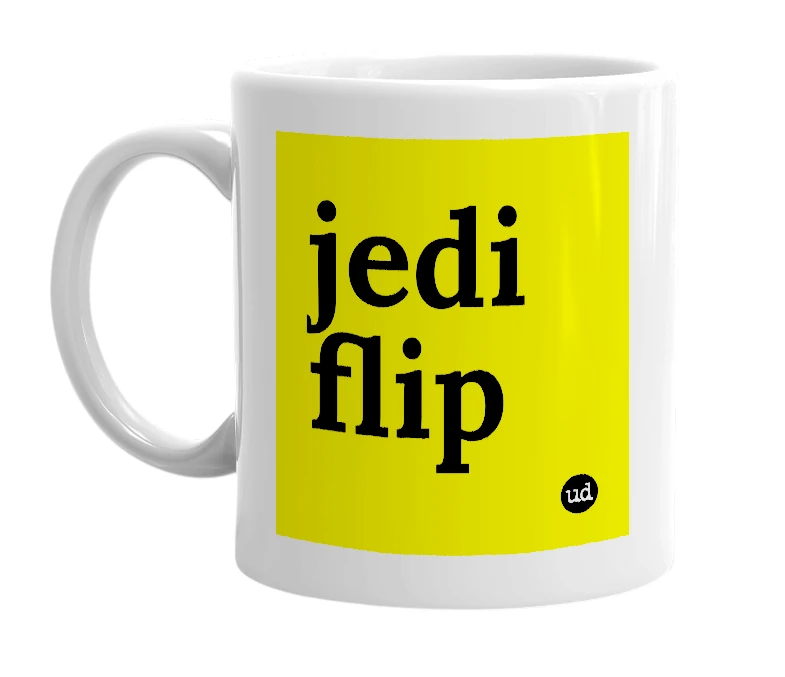 White mug with 'jedi flip' in bold black letters