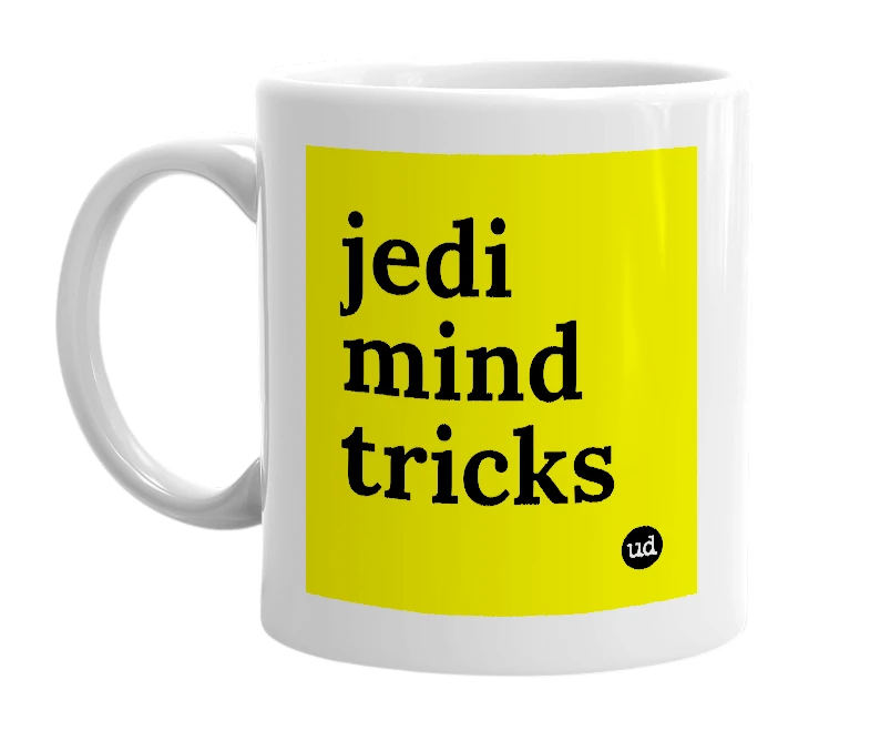 White mug with 'jedi mind tricks' in bold black letters