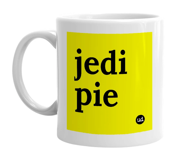 White mug with 'jedi pie' in bold black letters