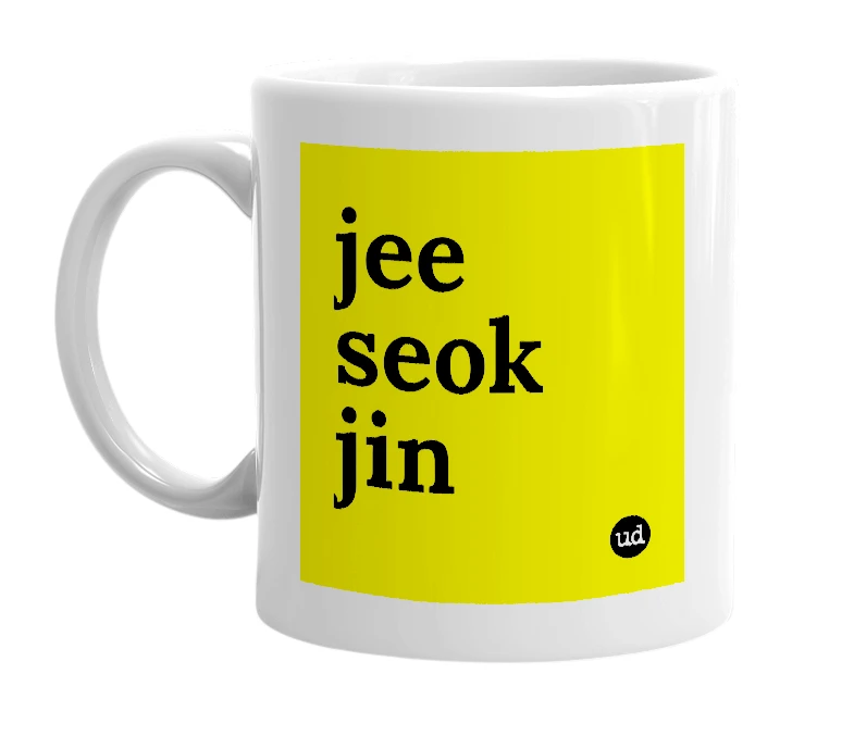 White mug with 'jee seok jin' in bold black letters