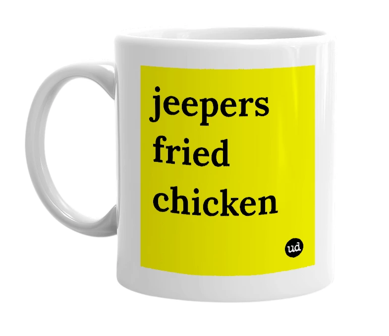 White mug with 'jeepers fried chicken' in bold black letters
