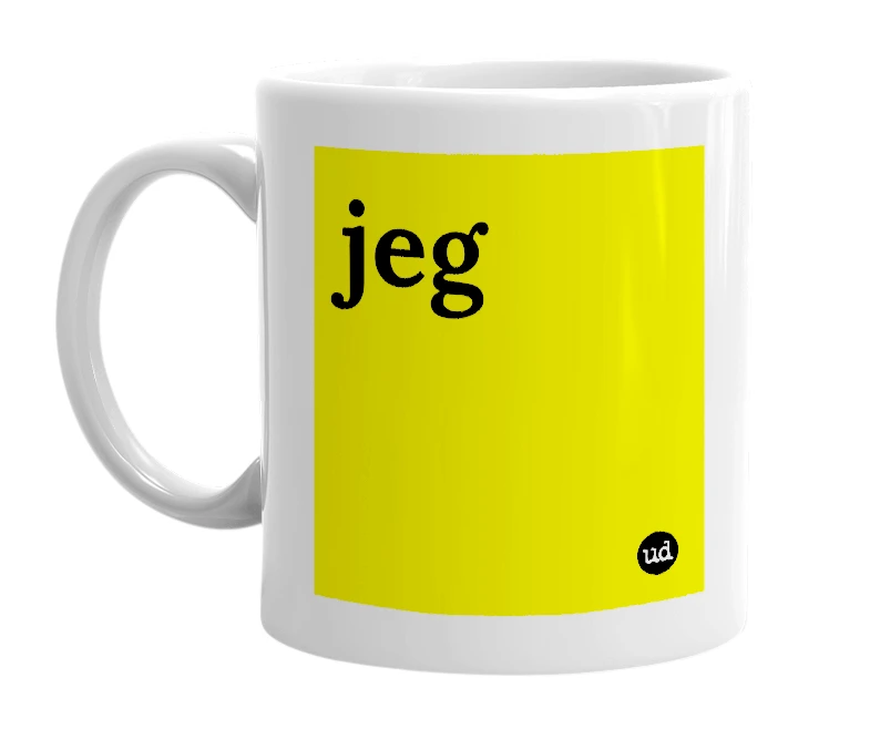 White mug with 'jeg' in bold black letters