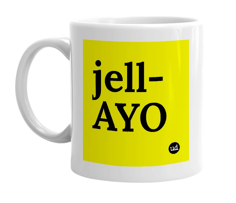 White mug with 'jell-AYO' in bold black letters