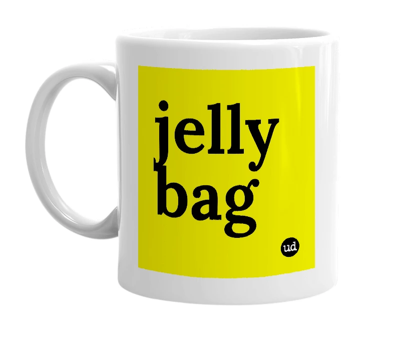 White mug with 'jelly bag' in bold black letters