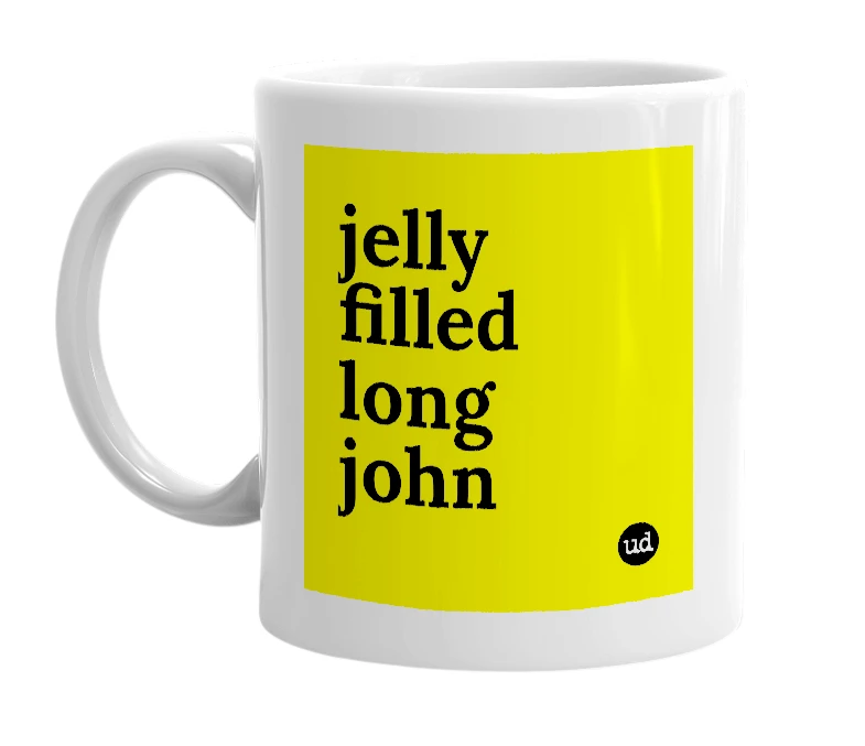 White mug with 'jelly filled long john' in bold black letters