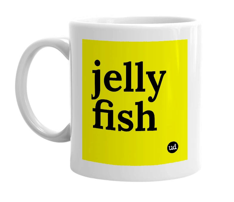 White mug with 'jelly fish' in bold black letters