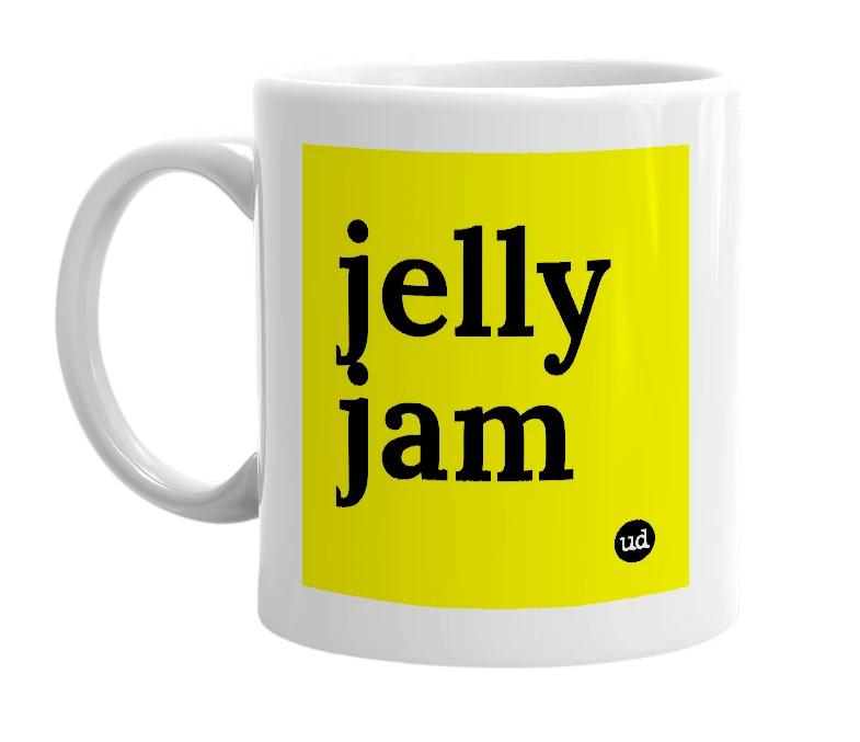 White mug with 'jelly jam' in bold black letters