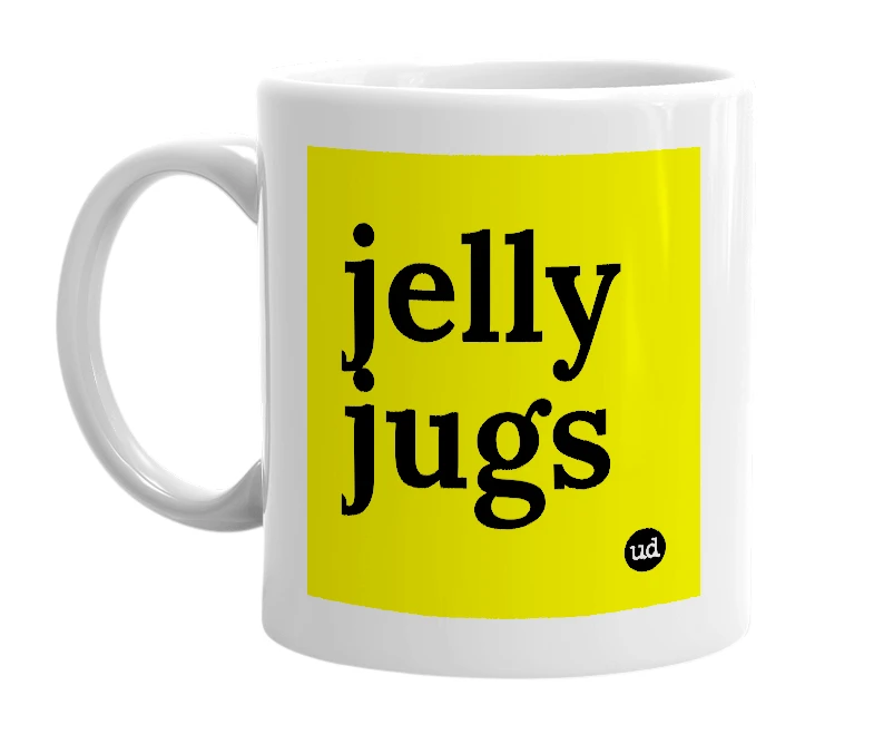 White mug with 'jelly jugs' in bold black letters