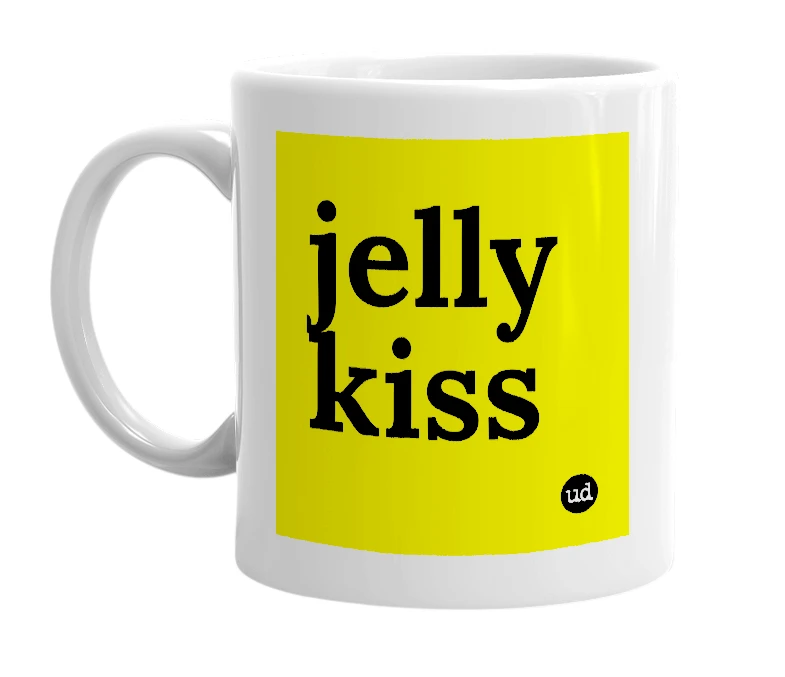 White mug with 'jelly kiss' in bold black letters