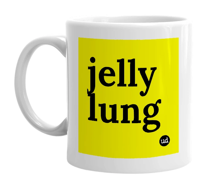 White mug with 'jelly lung' in bold black letters