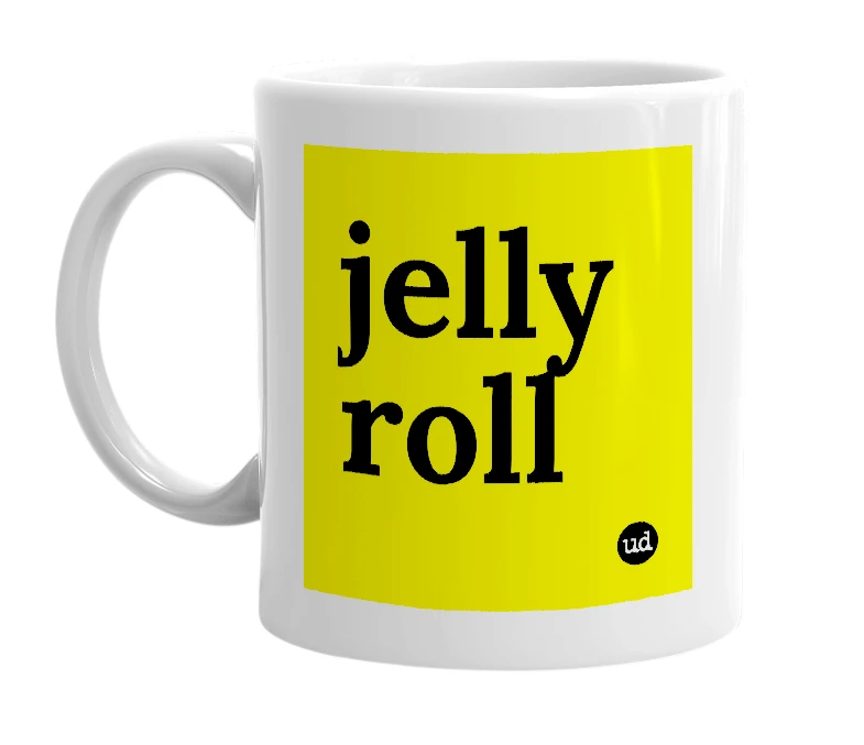 White mug with 'jelly roll' in bold black letters
