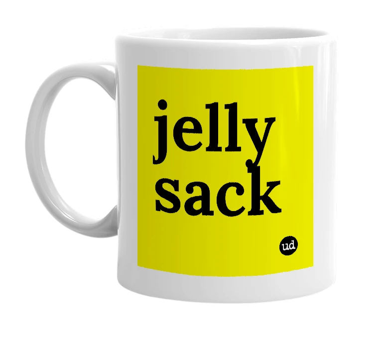 White mug with 'jelly sack' in bold black letters