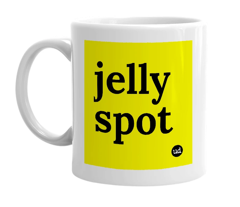White mug with 'jelly spot' in bold black letters
