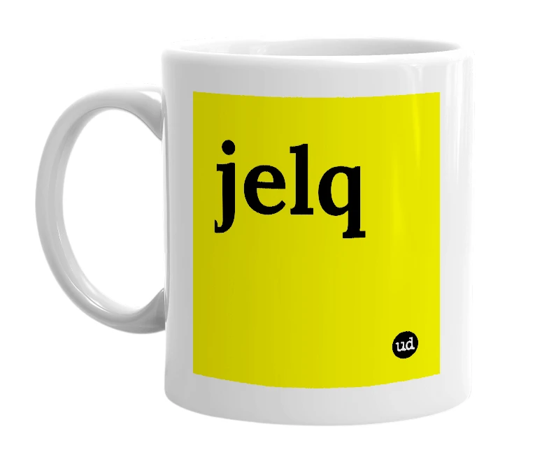White mug with 'jelq' in bold black letters