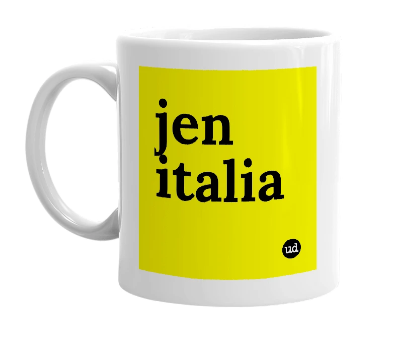 White mug with 'jen italia' in bold black letters