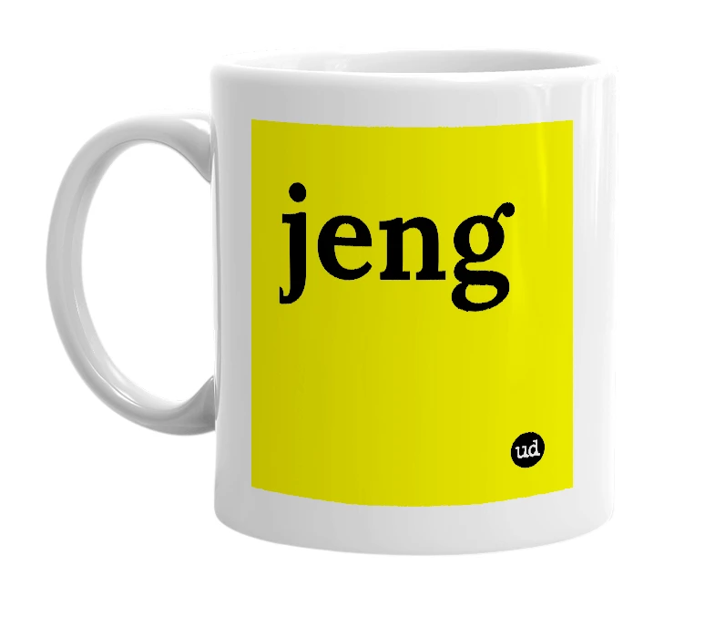 White mug with 'jeng' in bold black letters