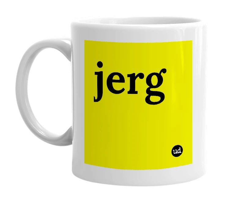 White mug with 'jerg' in bold black letters